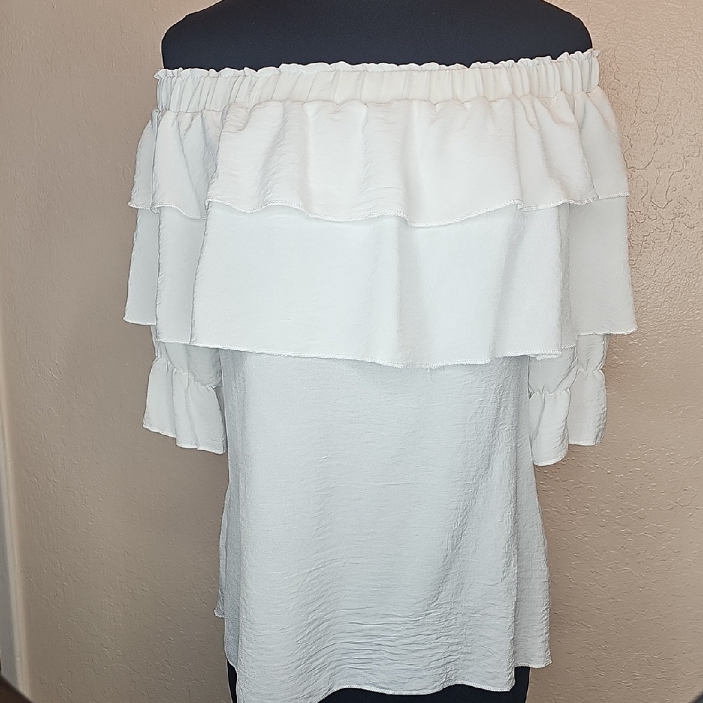 Elegant Off-Shoulder White Blouse With Double Layer Ruffle Front Size Med.